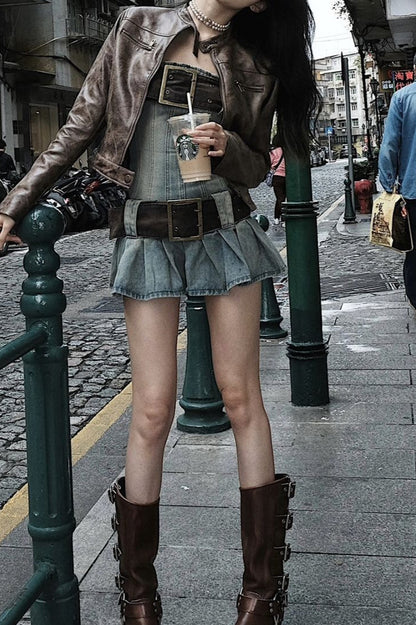 Retro Sexy Belted Denim Dress