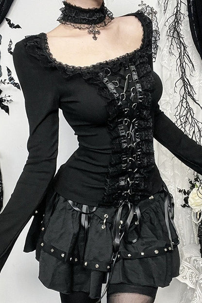 Lace Trim Buckle Gothic T-Shirt