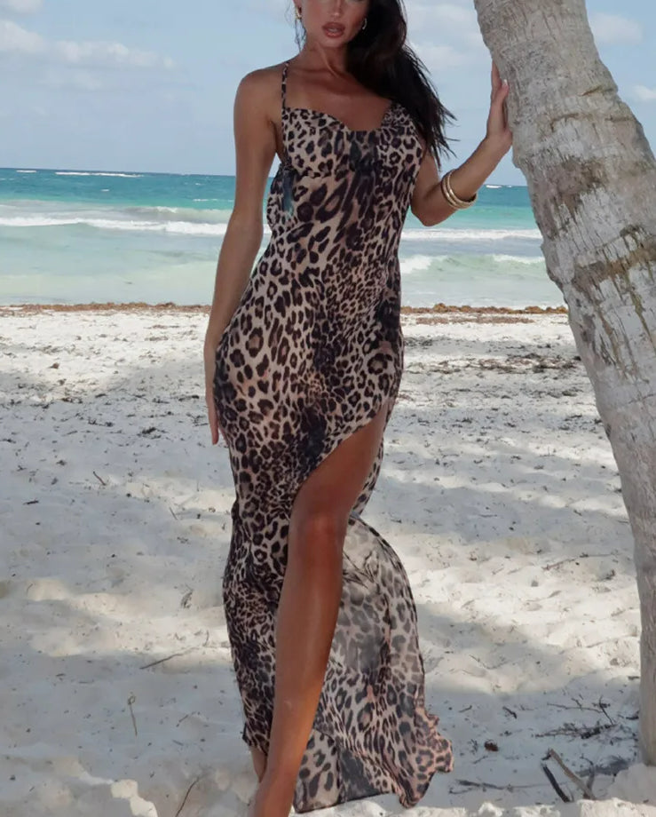 Leopard V-neck Slit Maxi Dress