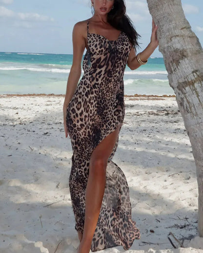 Leopard V-neck Slit Maxi Dress