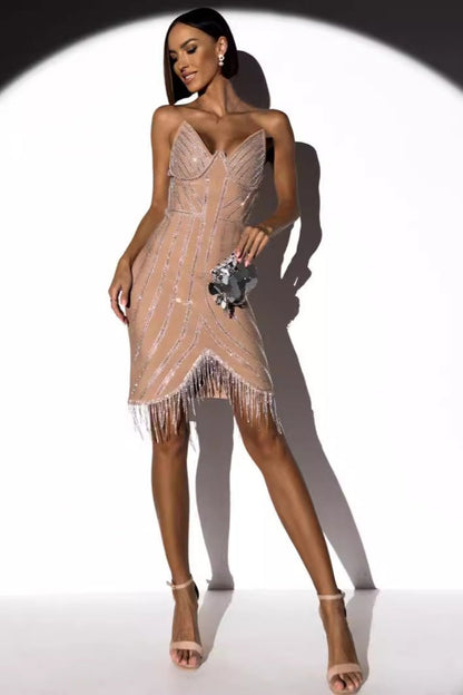 Sexy Strapless Rhinestone Tassel Bandage Cocktail Dress