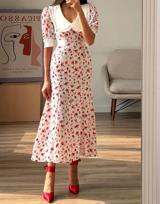 Short Sleeve Slit Lapel Floral Dress