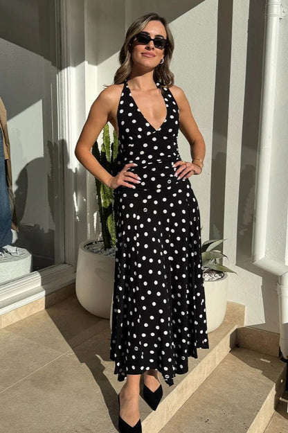 Polka Dot Halter V-Neck Ruched Maxi Dress