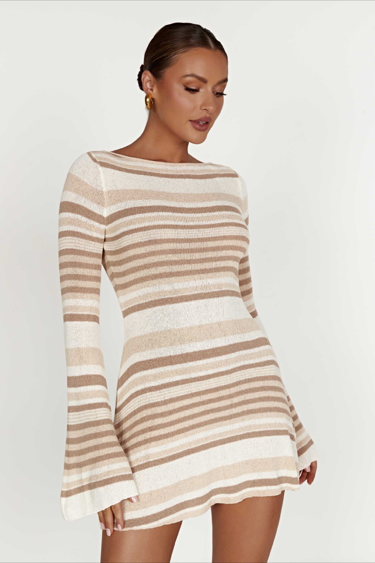 Striped Color-Block Knit Bell-Sleeve Backless Sweater Dress