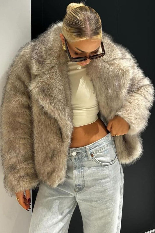 Cropped Faux Fur Lapel Coat