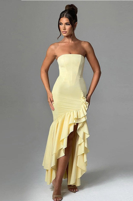 Elegant Strapless Slit Backless Bodycon Cocktail Dress