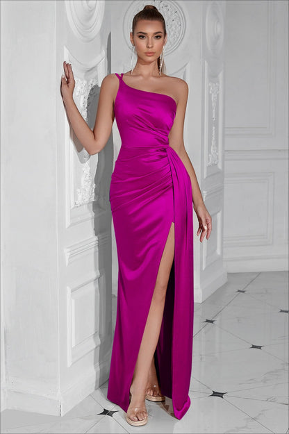 One Shoulder Ruched Waist Slit Sexy Formal Dress