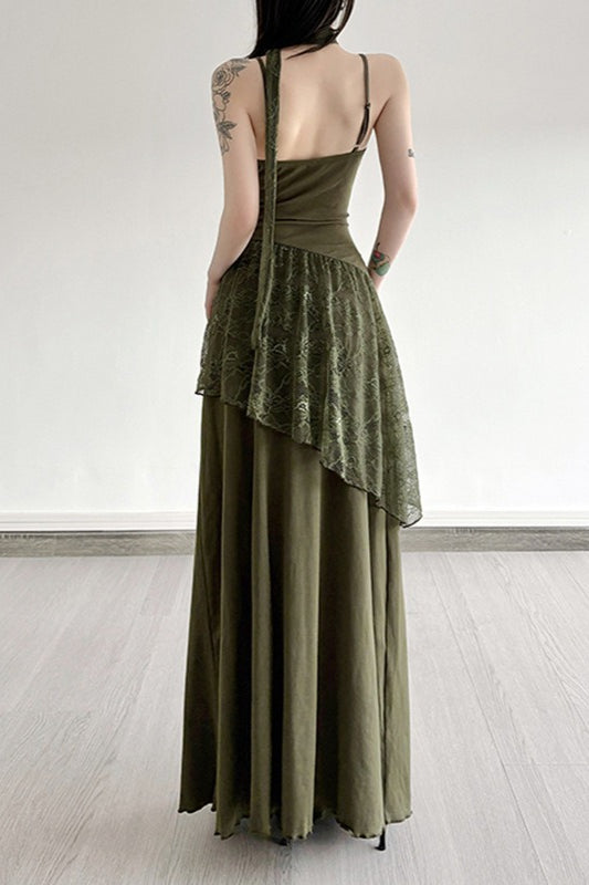 Lace Trim Sheer Waist Tie Cami Maxi Lace Dress