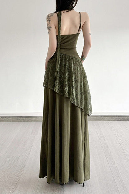 Lace Trim Sheer Waist Tie Cami Maxi Lace Dress