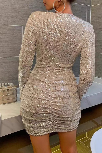 Long Sleeve V-Neck Ruched Sequin Sexy Sequin Dress