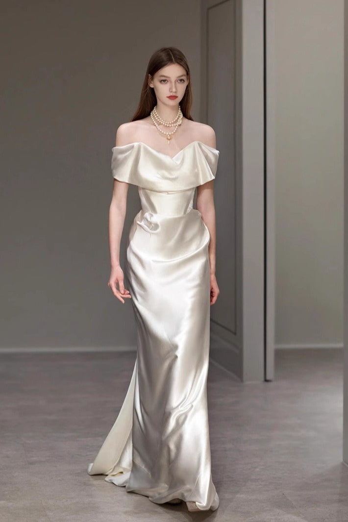 Elegant Off Shoulder Strap White Bridal Formal Dress