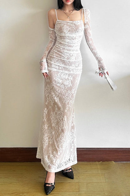 Fish Tail Square Neck Lace Dress