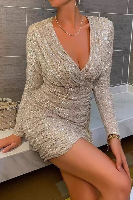 Long Sleeve V-Neck Ruched Sequin Sexy Sequin Dress