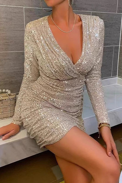 Long Sleeve V-Neck Ruched Sequin Sexy Sequin Dress