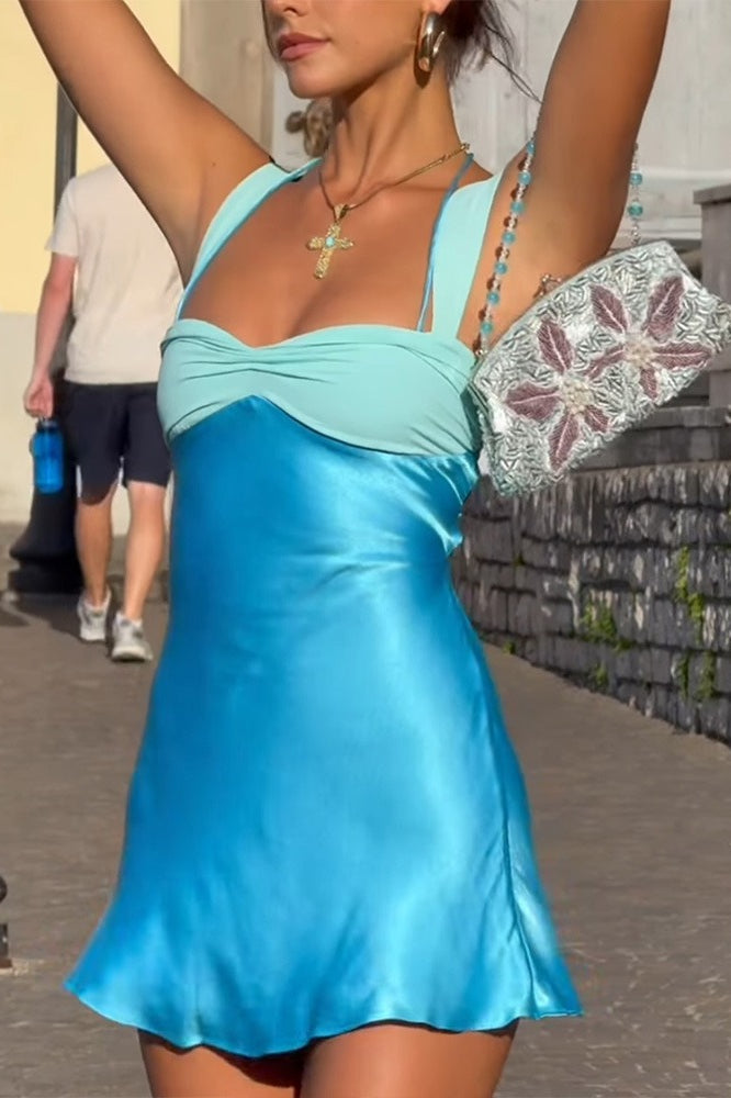 Sexy Satin Color Block Backless Cami Bodycon Mini Silk Dress