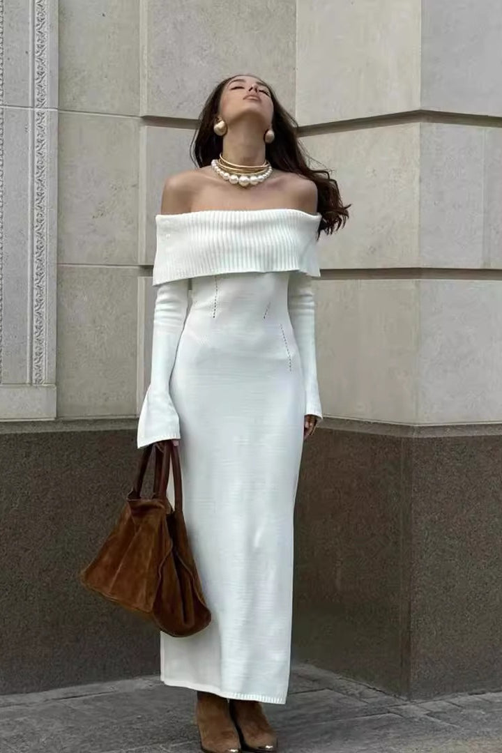 Collared Off-Shoulder Sexy Knit Sweater Dress
