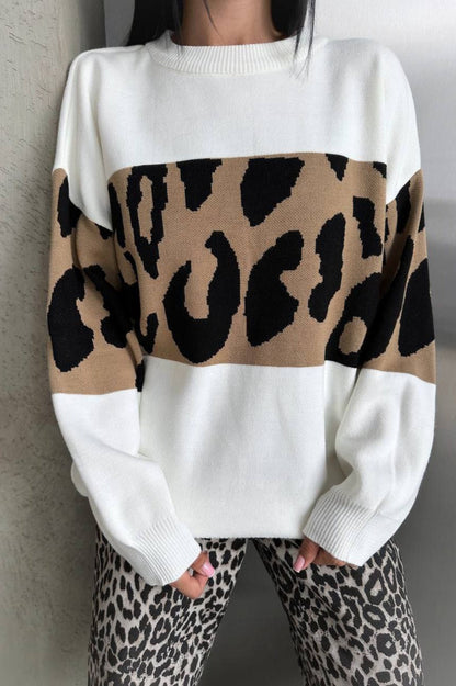Colorblock Leopard Knit Sweater