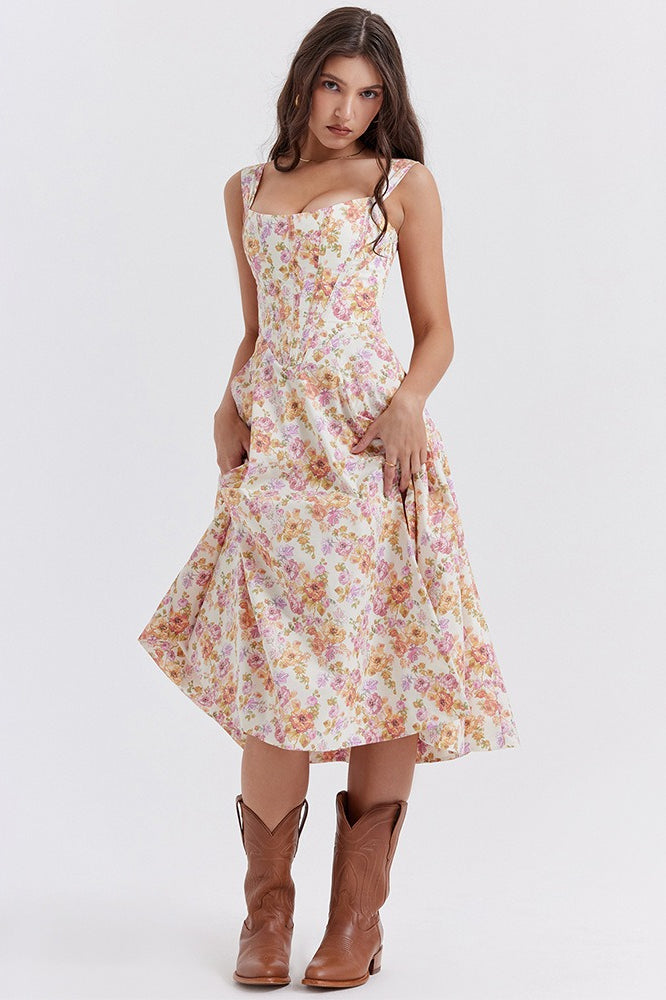 Floral Boned Spaghetti Strap Party Dress