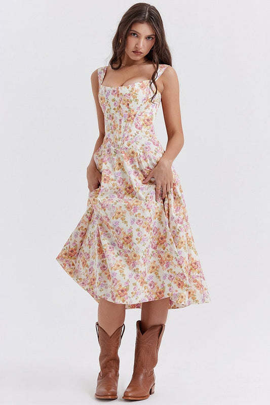 Floral Boned Spaghetti Strap Party Dress