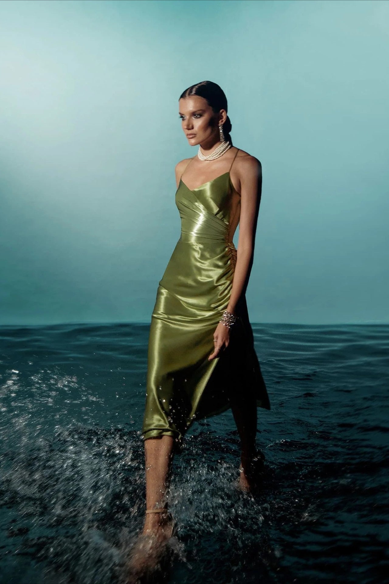 Ruched Satin Bodycon Spaghetti Strap Split V Neck Formal Dress