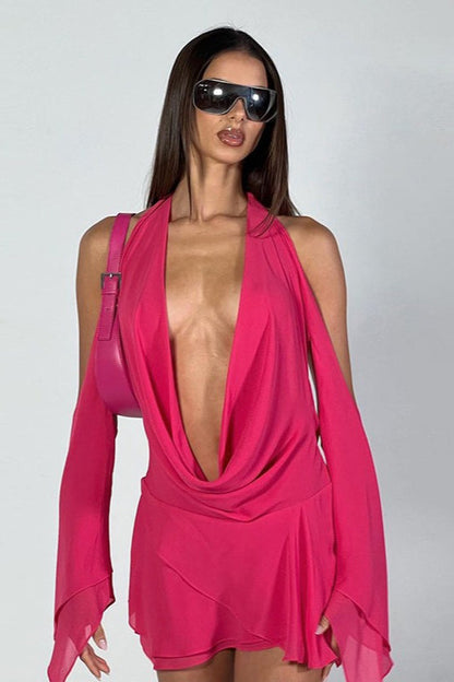 Sexy Halter Low Cut Solid Asymmetrical Bodycon Cocktail Dress