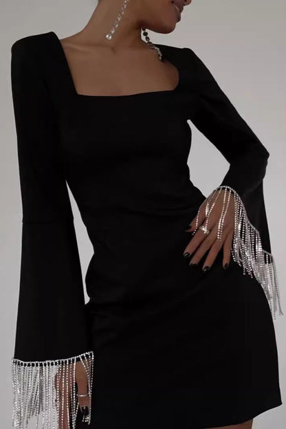 Chic Black Fringe Back Cutout Bell Sleeve Midi Cocktail Dress