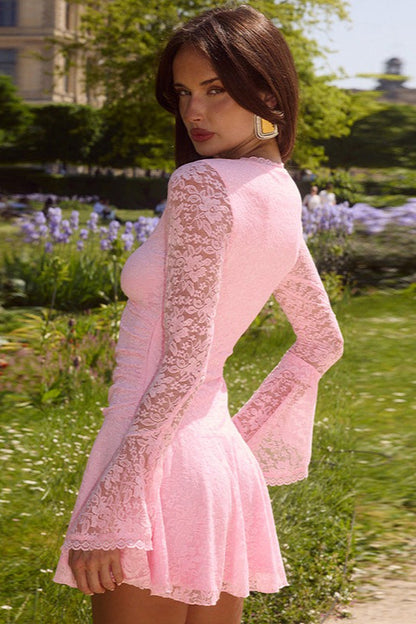 V Neck Bell Sleeve Pleated Mini Lace Dress
