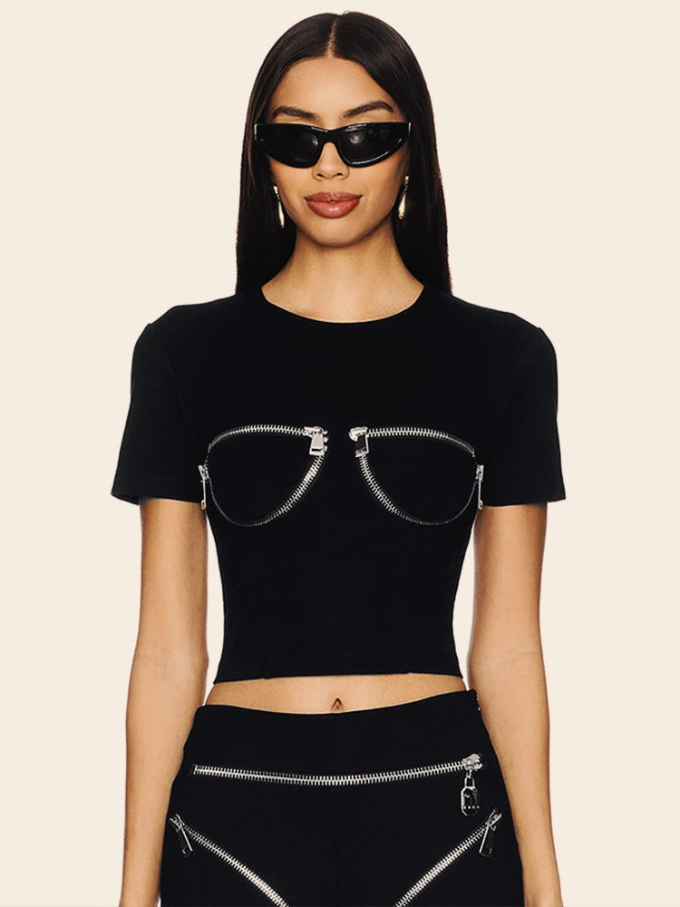 Zip Devise High Elastic Crop Top