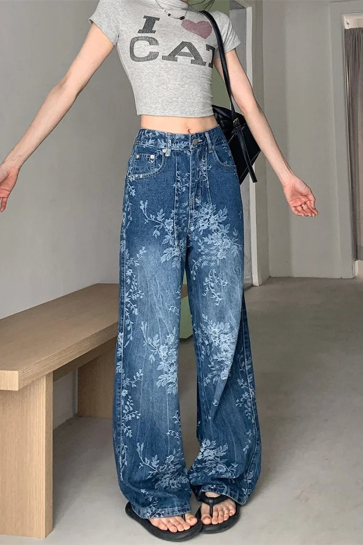 Relaxed Floral Print Palazzo Jeans