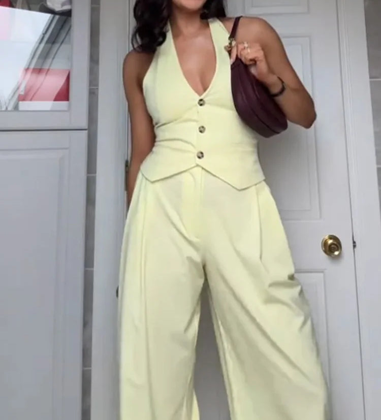 Yellow Halter Vest Trouser Suit