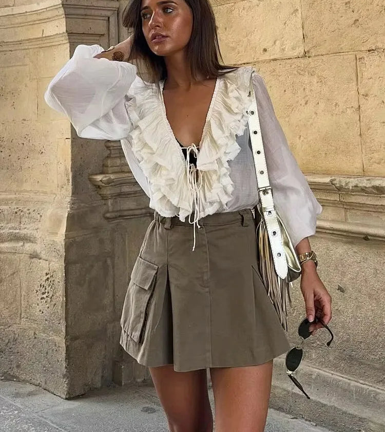 Elegant Casual V-neck Lantern Long Sleeve Blouse