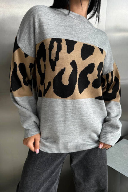 Colorblock Leopard Knit Sweater