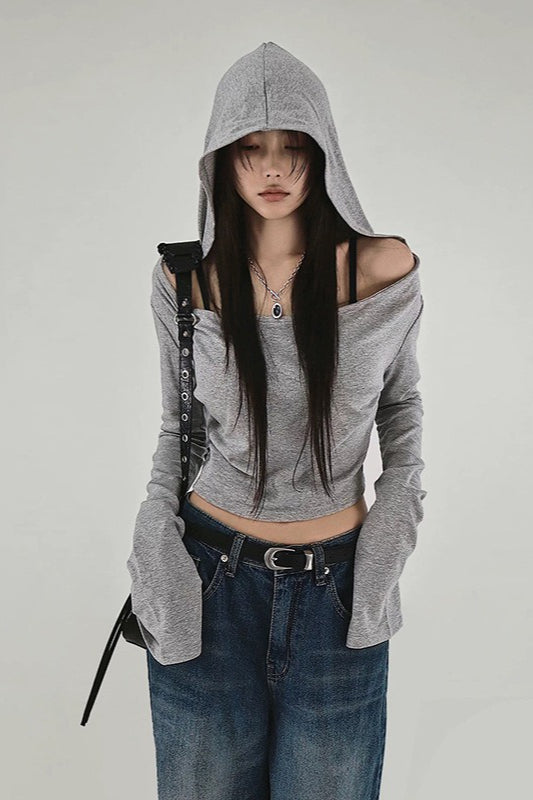 Grey Off-Shoulder Hoodie