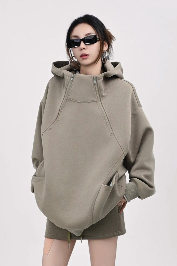 Oversized Hooded Sweatshirt with Side Zipper Hoodie