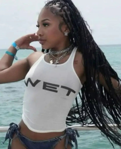 Letter Print Y2K Sheer Top