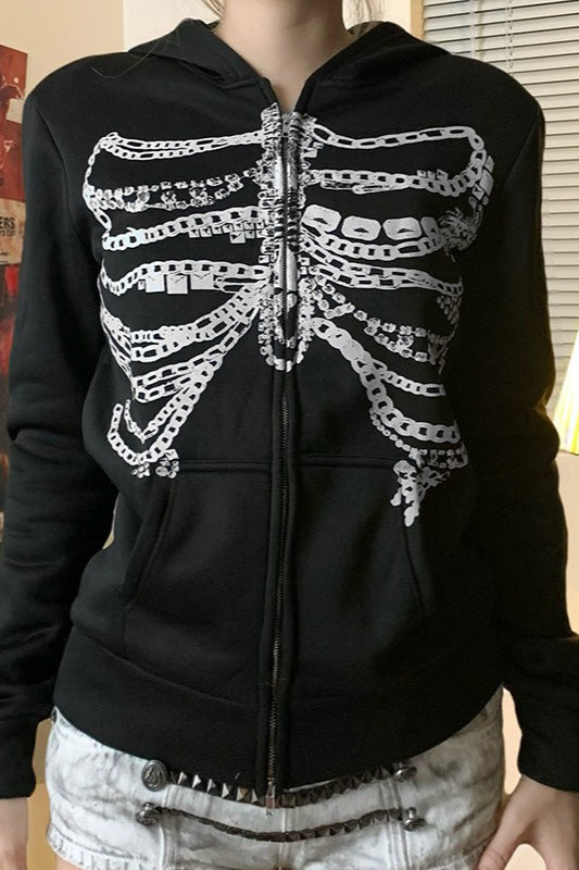 Street Style Skeleton Print Zipper Hoodie