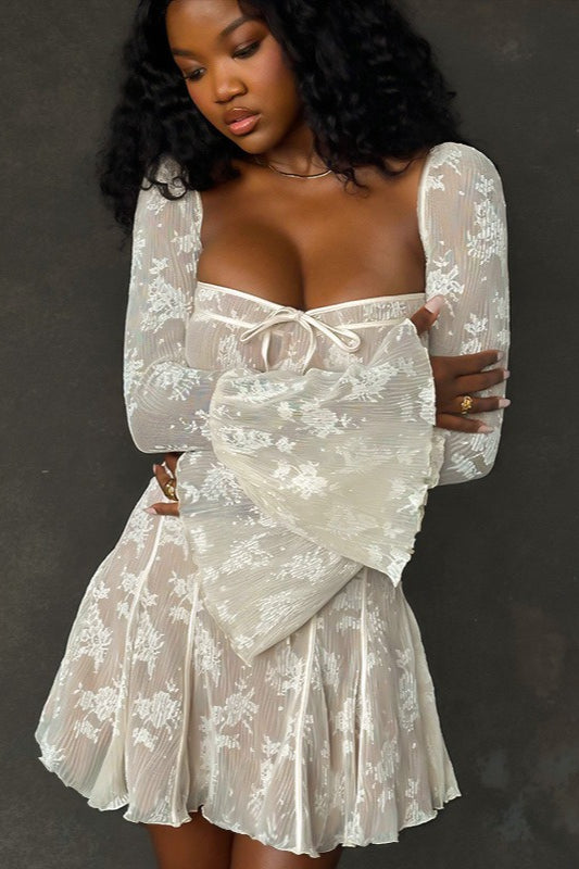 Tie Waist Bell Sleeve A Line Lace Dress