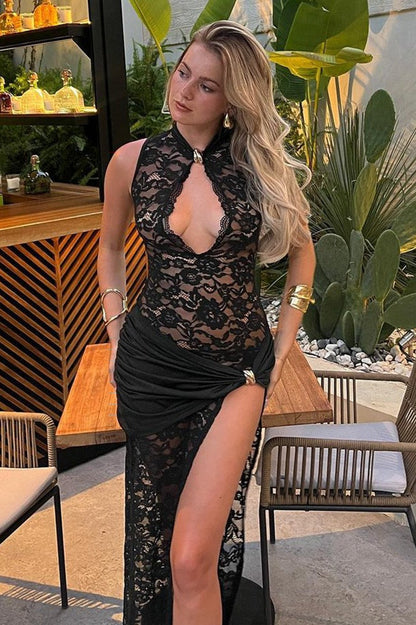 Sexy Lace High Split Sleeveless Lace Dress