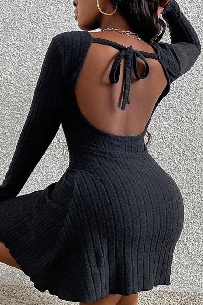 Simple Sexy Backless High Waist Long Sleeve Mini Sweater Dress
