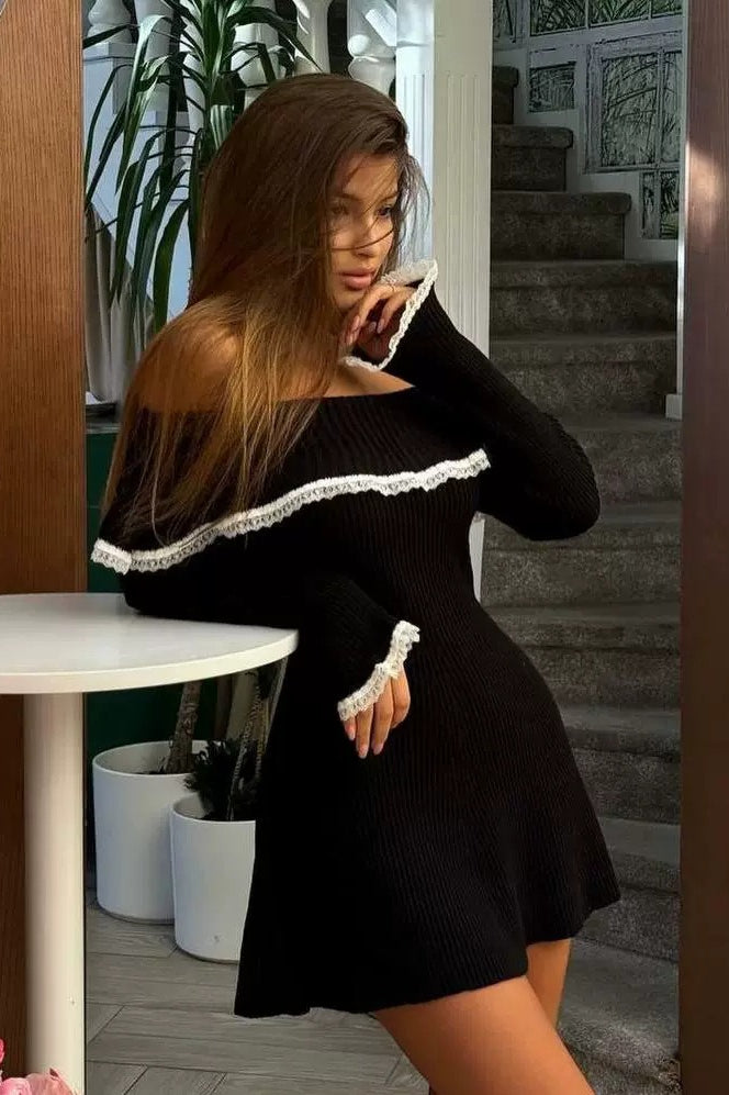 Lace-Trimmed Knit Off-Shoulder Mini Sweater Dress