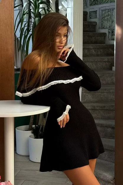 Lace-Trimmed Knit Off-Shoulder Mini Sweater Dress