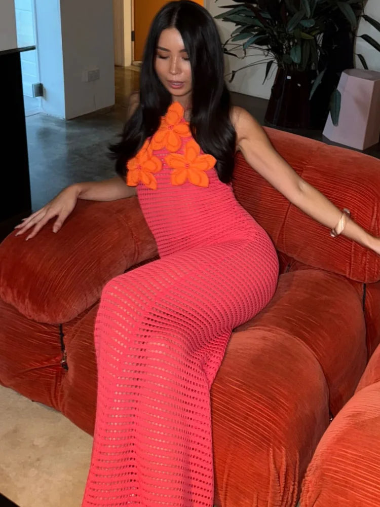 3D Flower Crochet Halter Backless Summer Dress