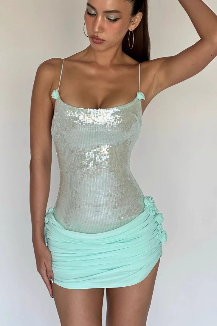 Sexy Sheer Sling Slim Floral Sequin Dress