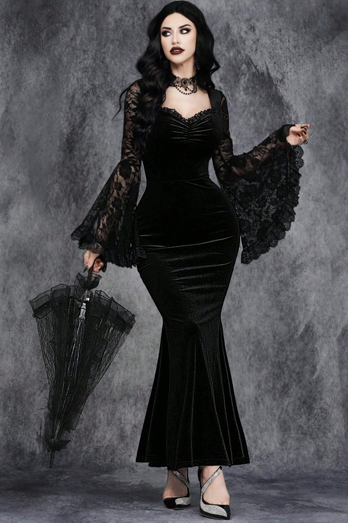 Halloween Gothic Lace Flare Sleeve Dress