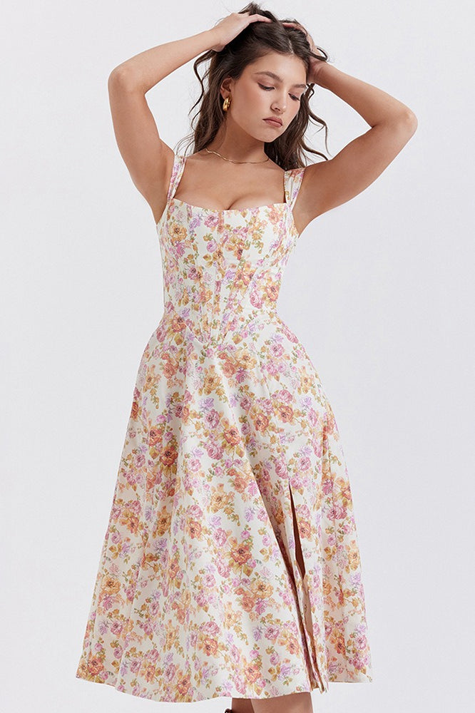Floral Boned Spaghetti Strap Party Dress
