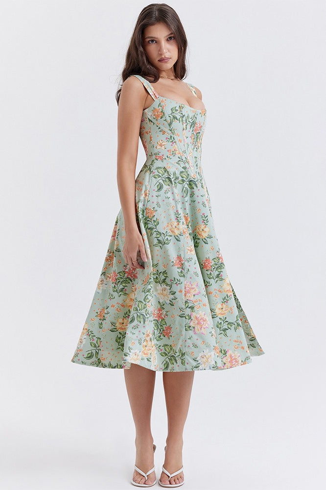 Floral Boned Spaghetti Strap Party Dress