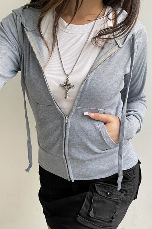 Gray Hooded Zip-Up Cropped Hoodie