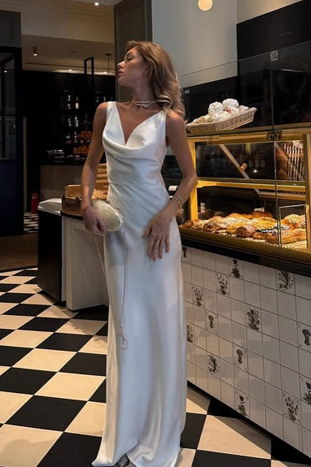 Chic Solid Draped Neck Luxury Satin Formal Dress