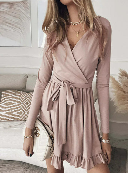 Lace Up Ruffle V Neck Midi Dress