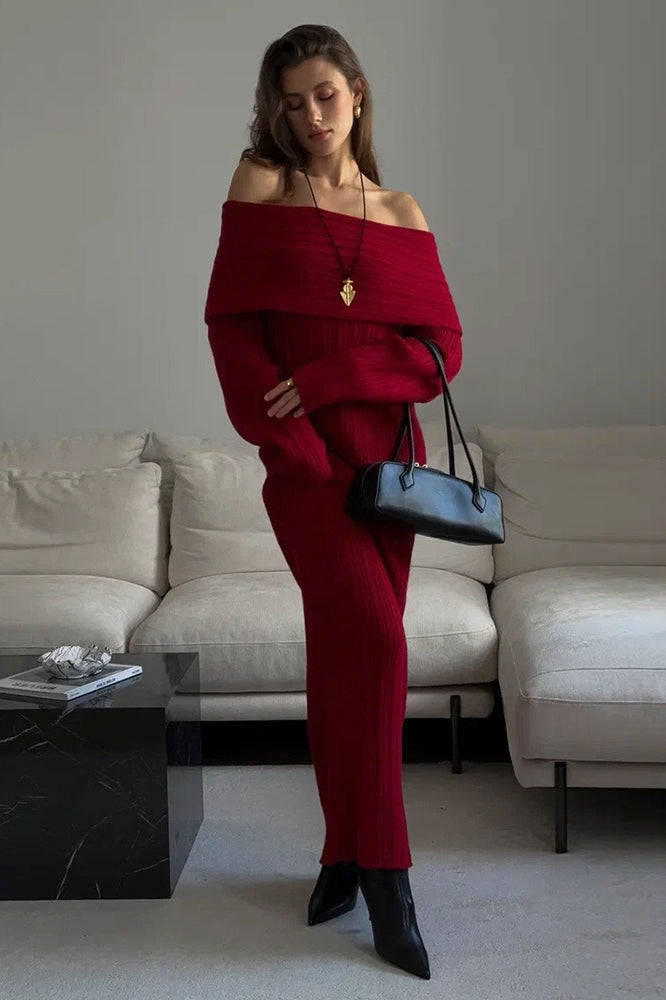 Knit Off Shoulder Long Sleeve Bodycon Sexy Sweater Dress